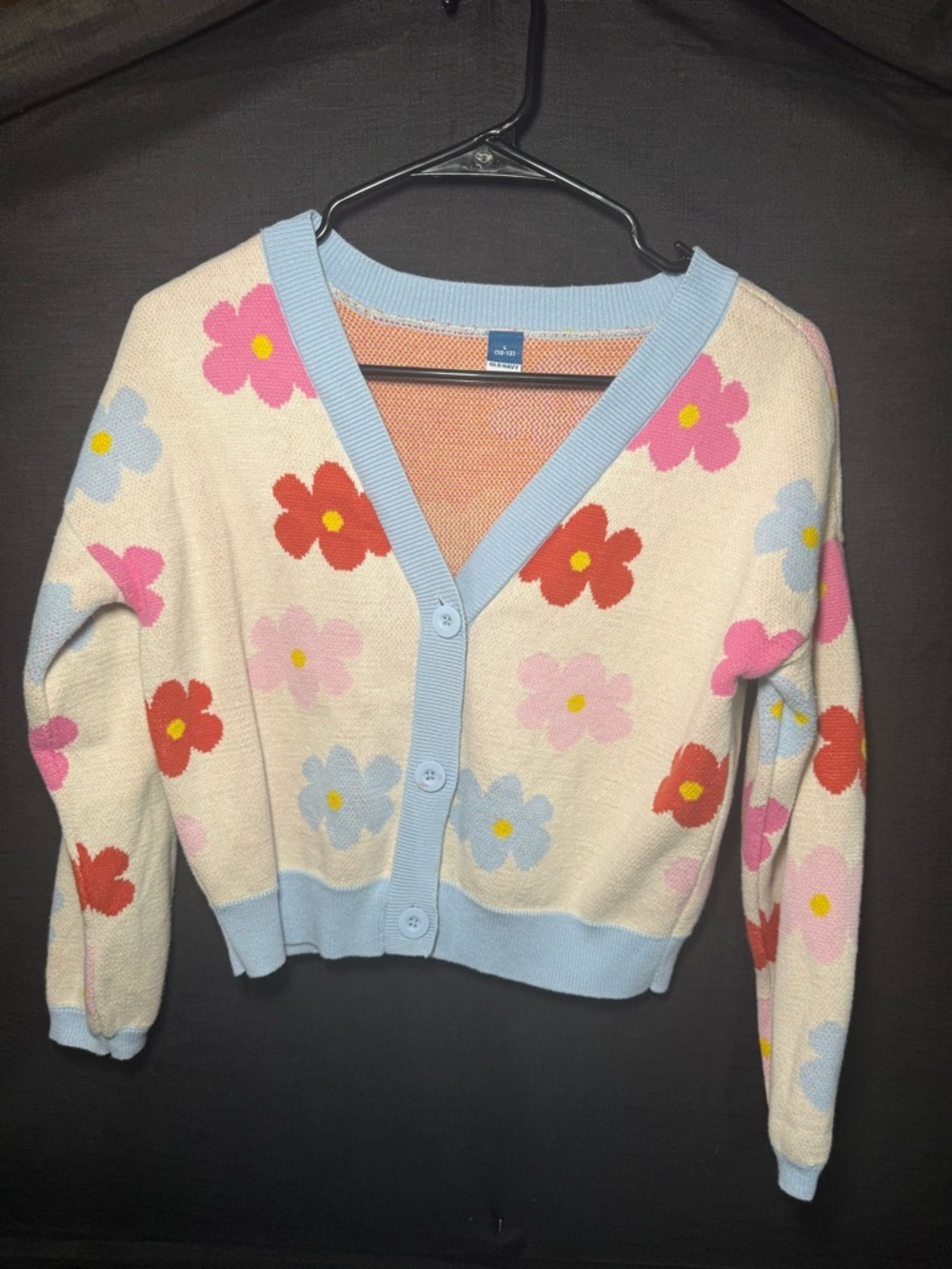 Old Navy Cream Floral Cardigan with Light Blue Trim